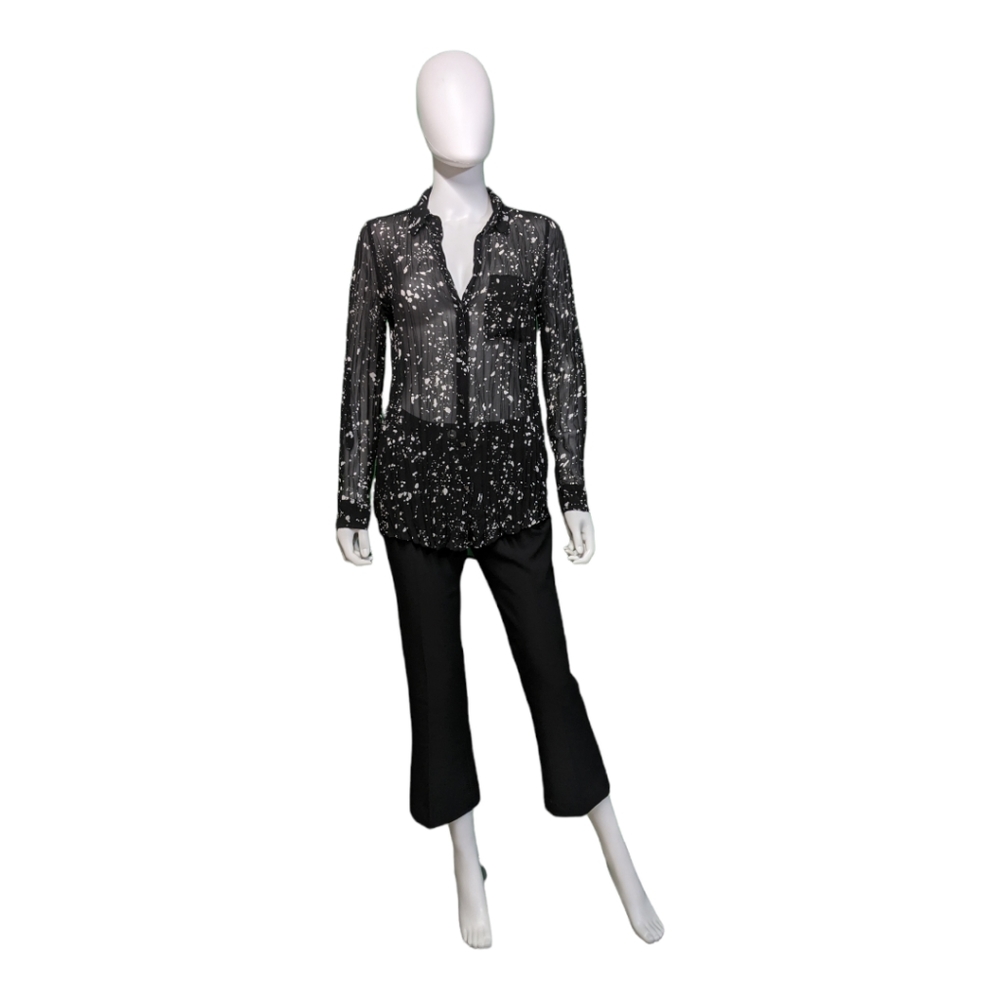 Rock & Republic Pleated Abstract Long Sleeve Top Black S